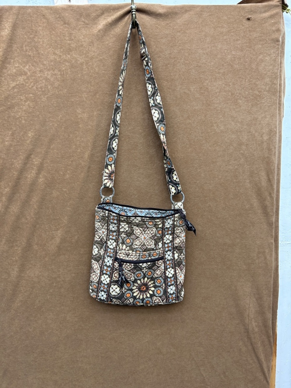 Vera Bradley Brown Floral Quilted Crossbody With Orange Accents